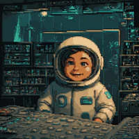 a pixel art image of an astronaut sitting in front of a computer